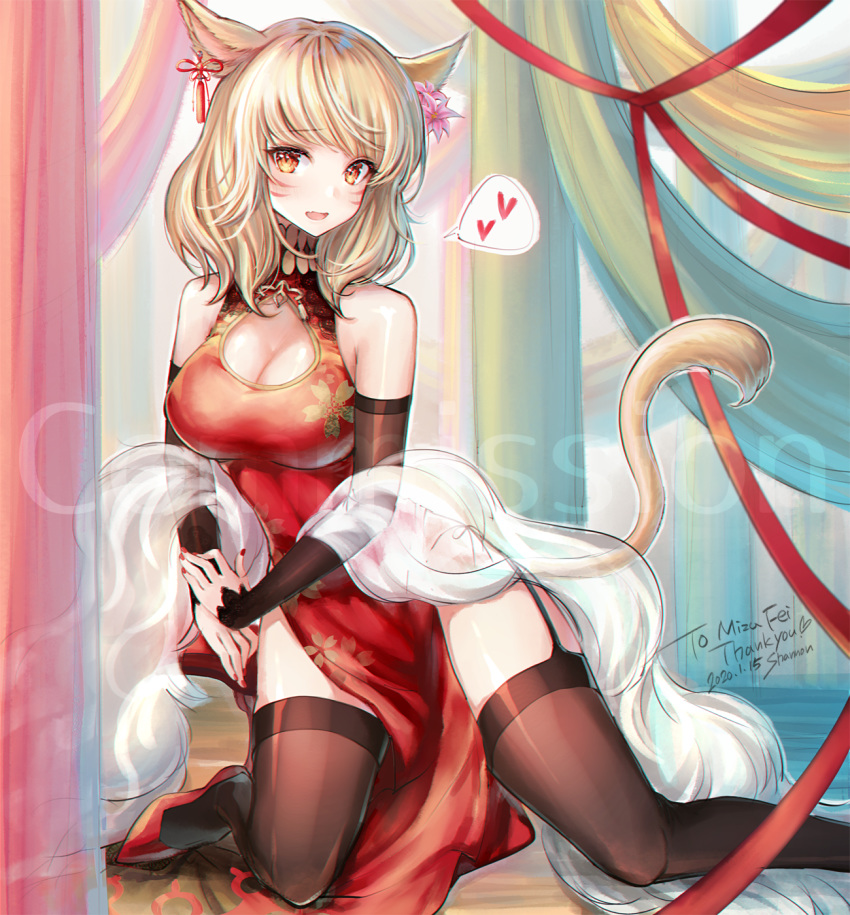 1girl animal_ears bangs black_legwear blonde_hair blush breasts cat_ears cat_tail china_dress chinese_clothes cleavage commission dated detached_sleeves dress earrings eyebrows_visible_through_hair facial_mark fang final_fantasy final_fantasy_xiv flower garter_straps hair_flower hair_ornament heart highres jewelry kneeling large_breasts looking_at_viewer medium_hair mii@chiffonx miqo'te open_mouth orange_eyes side_slit signature slit_pupils solo speech_bubble spoken_heart tail thighhighs