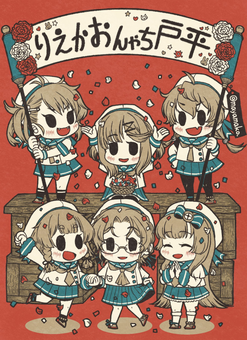 6+girls banner bike_shorts blue_neckwear blue_sailor_collar blue_skirt bob_cut box braid buttons commentary_request confetti etorofu_(kantai_collection) fukae_(kantai_collection) glasses gloves grey_hair grey_neckwear hat highres hirato_(kantai_collection) kantai_collection long_sleeves makora_higa matsuwa_(kantai_collection) multiple_girls neckerchief pleated_skirt red_background sado_(kantai_collection) sailor_collar sailor_hat school_uniform serafuku shorts shorts_under_skirt side_braid sitting skirt solid_oval_eyes stage standing thick_eyebrows translation_request tsushima_(kantai_collection) twin_braids twitter_username white_gloves white_headwear