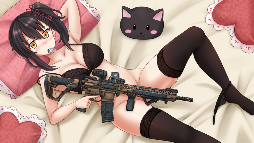 1girl ar-15 arm_up ass_visible_through_thighs assault_rifle bangs bare_arms bare_shoulders bed_sheet black_bra black_hair black_legwear black_panties blush bottomless bow bow_panties bra breasts brown_eyes cleavage closed_mouth collarbone commentary commission condom condom_in_mouth convenient_censoring english_commentary eyebrows_visible_through_hair fang fang_out groin gun hair_between_eyes hand_behind_head heart heart_pillow highres holding holding_gun holding_weapon kazenokaze kishuku_gakkou_no_juliet knee_up komai_hasuki looking_at_viewer lying m4_carbine m4_sopmod_ii medium_breasts mouth_hold no_shoes nose_blush on_back panties panties_around_one_leg pillow rifle scope side_ponytail solo thighhighs trigger_discipline underwear weapon