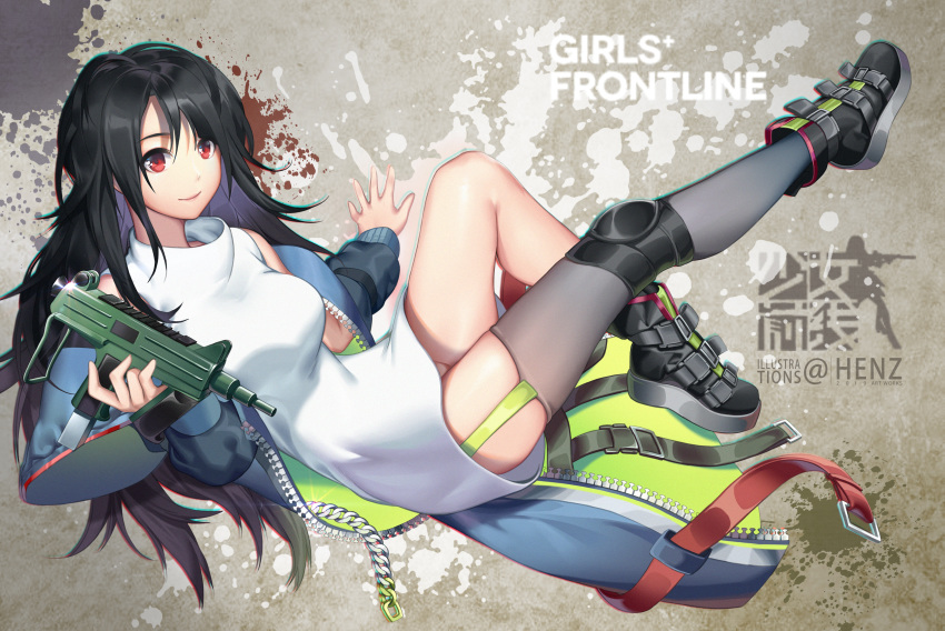 1girl absurdres bare_legs bare_shoulders black_hair black_legwear blue_jacket bottomless breasts c-ms_(girls_frontline) cbj-ms commentary_request convenient_leg copyright_name full_body garter_straps girls_frontline hair_between_eyes henz_(86551650) highres holding holding_weapon huge_filesize jacket knee_up leg_up long_hair medium_breasts messy_hair no_panties off_shoulder open_clothes open_jacket red_eyes shirt single_thighhigh sleeveless sleeveless_shirt smile solo thighhighs thighs very_long_hair weapon white_shirt