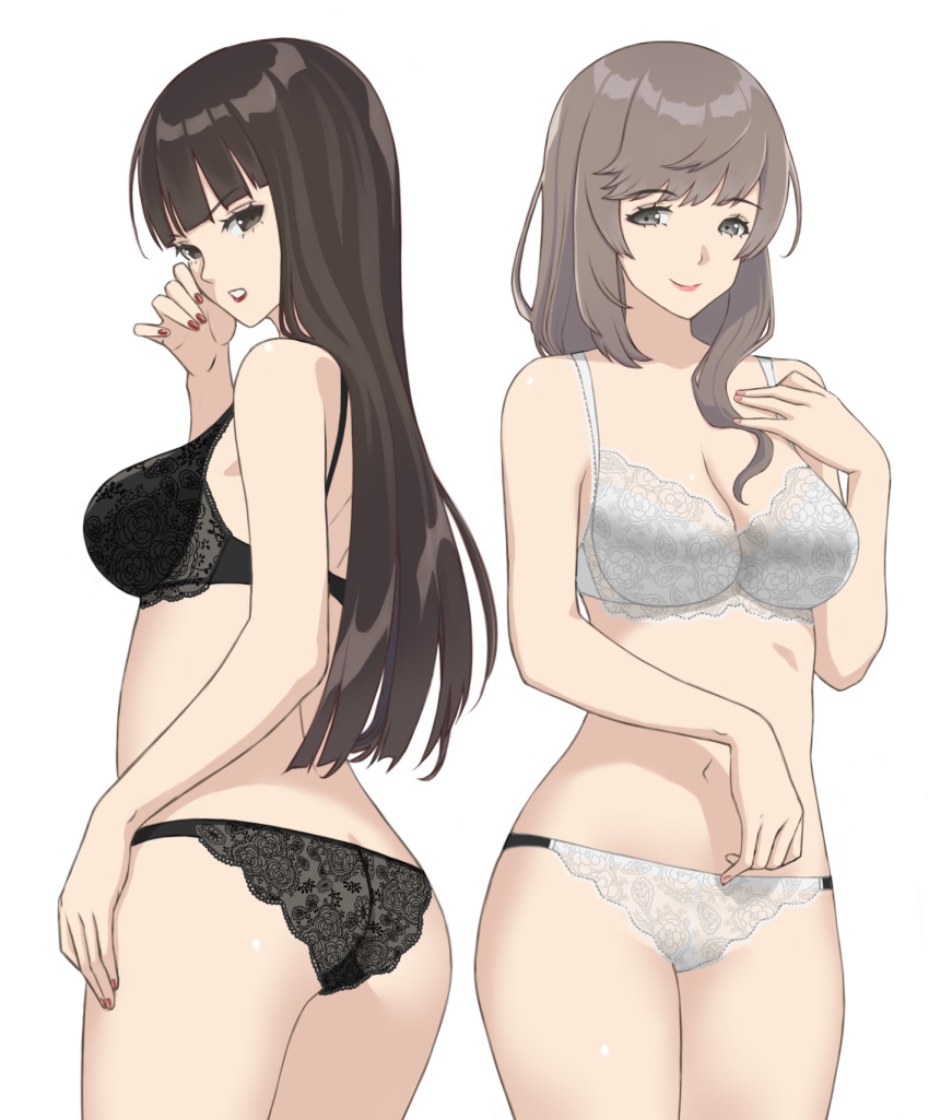 2girls ass back bangs black_bra black_panties blunt_bangs bra breasts brown_eyes brown_hair closed_mouth commentary cowboy_shot eyebrows_visible_through_hair from_behind girls_und_panzer half-closed_eyes hand_on_own_chest highres lace lace-trimmed_bra lace-trimmed_panties light_frown looking_at_viewer looking_back mature medium_breasts multiple_girls nail_polish navel nishizumi_shiho panties pink_nails red_nails shimada_chiyo side-by-side simple_background smile standing straight_hair underbust underwear white_background white_bra white_panties yamano_rita