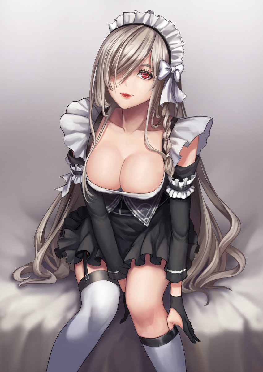 1girl absurdres alternate_costume bangs black_dress black_gloves bow braid breasts cleavage commentary_request detached_sleeves dress eyelashes feet_out_of_frame frilled_dress frills g36c_(girls_frontline) garter_straps girls_frontline gloves grey_background grey_legwear hair_between_eyes hair_bow hair_over_one_eye highres kibellin korean_commentary large_breasts long_hair long_sleeves looking_at_viewer maid maid_headdress red_eyes red_lips removing_legwear shiny shiny_hair side_braid sidelocks silver_hair simple_background sitting solo thighhighs white_bow