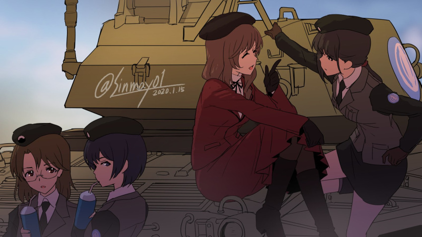 2020 4girls artist_name bendy_straw black_gloves blue_eyes boots brown_hair character_request dated drinking_straw emblem girls_und_panzer gloves ground_vehicle highres knee_boots long_hair looking_at_viewer m24_chaffee military military_vehicle motor_vehicle multiple_girls necktie nishizumi_shiho pantyhose selection_university_(emblem) semi-rimless_eyewear shimada_chiyo shinmai_(kyata) short_hair tank under-rim_eyewear vehicle_request