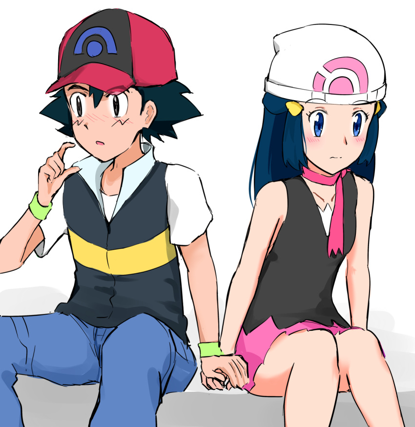 1boy 1girl baseball_cap black_hair black_shirt blue_eyes blue_hair blue_pants blush choker closed_mouth collarbone couple embarrassed haruzu2000 hat highres hikari_(pokemon) holding_hands long_hair miniskirt pants pink_ribbon pink_skirt poke_ball_print pokemon pokemon_(anime) print_hat ribbon ribbon_choker satoshi_(pokemon) shirt short_sleeves simple_background sitting sketch skirt sleeveless sleeveless_shirt white_background white_headwear wristband