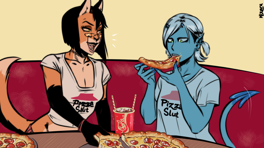 16:9 alex_(my_life_with_fel) anthro beverage canid canine clothed clothing demon digital_media_(artwork) eating eyewear female female/female food fox glasses hi_res humanoid kenno_arkkan mala_(mizarusketch) mammal mizarusketch pigtails pizza soda