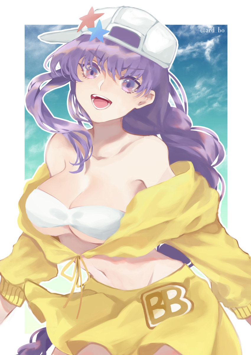 1girl asymmetrical_hair bangs bare_shoulders baseball_cap bb_(fate)_(all) bb_(swimsuit_mooncancer)_(fate) blue_sky blush braid breasts cleavage fate/grand_order fate_(series) hat highres jacket karen_ngao large_breasts long_hair long_sleeves looking_at_viewer navel open_mouth purple_eyes purple_hair sideways_hat single_braid skirt sky smile solo star_hat_ornament very_long_hair white_bikini_top white_headwear yellow_jacket yellow_skirt