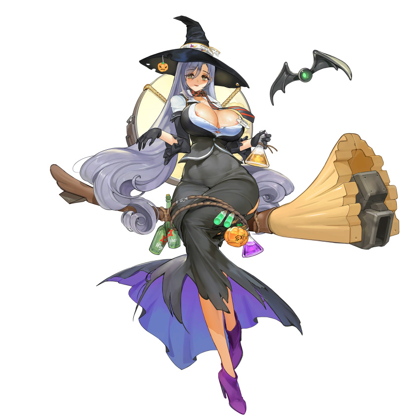 1girl @_@ al_bhed_eyes areola_slip areolae bags_under_eyes bangs black_gloves black_skirt bottle breasts broom broom_riding character_name circe_(last_origin) cleavage covered_nipples full_body gloves green_eyes grey_hair hair_between_eyes halloween hat high_heels highres huge_breasts last_origin long_hair long_skirt looking_at_viewer name_tag official_art rorobomb skirt solo tachi-e transparent_background very_long_hair witch witch_hat