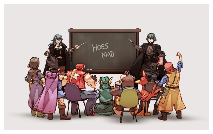 2girls 6+boys absurdres amamiya_ren arm_up backpack bag bandana banjo-kazooie banjo_(banjo-kazooie) bare_shoulders bear bird black_gloves black_hair blonde_hair boots brown_footwear brown_hair byleth_(fire_emblem) byleth_(fire_emblem)_(female) byleth_(fire_emblem)_(male) cape cellphone chair chalkboard cheering crossover cup disposable_cup dragon_quest dragon_quest_xi drinking fatal_fury fire_emblem fire_emblem:_three_houses from_behind gloves green_hair grey_pants hero_(dq11) hero_(dq4) hero_(dq8) highres holding holding_cellphone holding_cup holding_phone kazooie_(banjo-kazooie) knee_boots long_hair meme multiple_boys multiple_girls nin_nakajima pants pantyhose persona persona_5 phone pink_cape pointer ponytail print_vest red_gloves red_vest roto sitting sleeves_pushed_up smartphone spiked_hair standing star star_print super_smash_bros. terry_bogard tunic vest