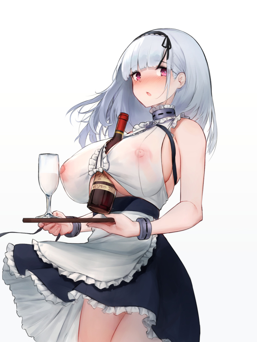 1girl apron azur_lane bangs between_breasts black_hairband blush bottle breasts covered_nipples cuffs cup dido_(azur_lane) drinking_glass hairband highres holding large_breasts long_hair looking_at_viewer nipples open_mouth purple_eyes see-through_silhouette silver_hair simple_background skirt sleeveless solo tray underboob_cutout waist_apron white_apron white_background wine_bottle wine_glass yashemao_qishi