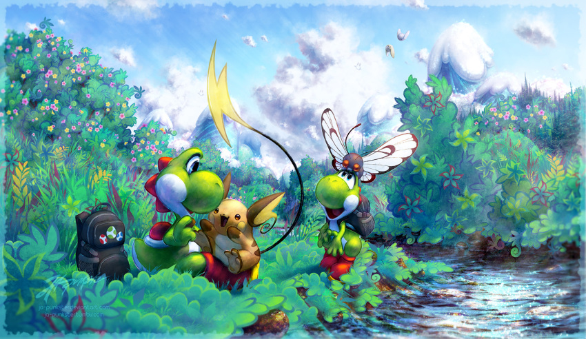 ambiguous_gender backpack butterfree clothing cloud crossover day detailed_background footwear grass group ja-punkster mario_bros nintendo open_mouth open_smile plant pok&eacute;mon pok&eacute;mon_(species) raichu sitting smile text url video_games water wings yoshi