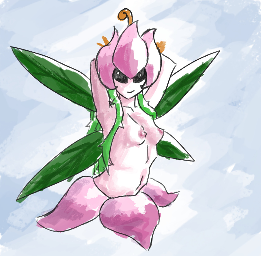 breasts clothed clothing digimon digimon_(species) fairy female floaff flora_fauna hair hi_res humanoid lillymon nipples nude plant simple_background small_breasts smile solo topless wings