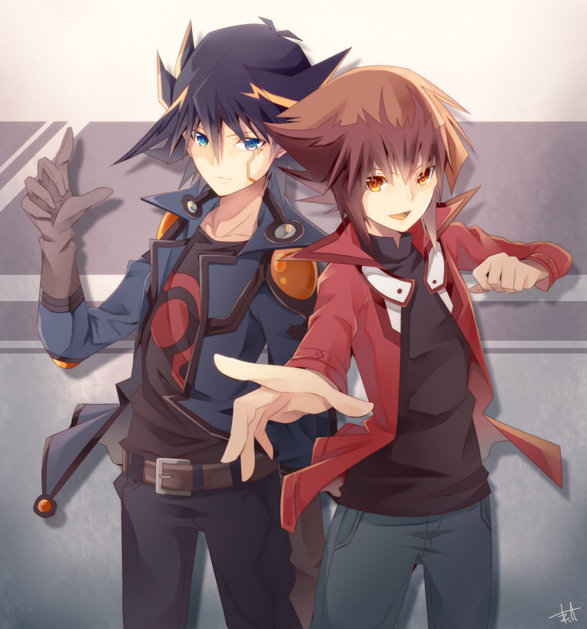 2boys :d akisaki bangs belt belt_buckle black_hair black_pants black_shirt blue_eyes blue_jacket brown_belt brown_eyes brown_hair buckle collarbone cowboy_shot fudou_yuusei gloves grey_gloves hair_between_eyes highres jacket looking_at_viewer medium_hair multicolored_hair multiple_boys open_clothes open_jacket open_mouth pants print_shirt red_jacket shirt signature smile spiked_hair standing two-tone_hair yuu-gi-ou yuu-gi-ou_5d's yuu-gi-ou_gx yuuki_juudai