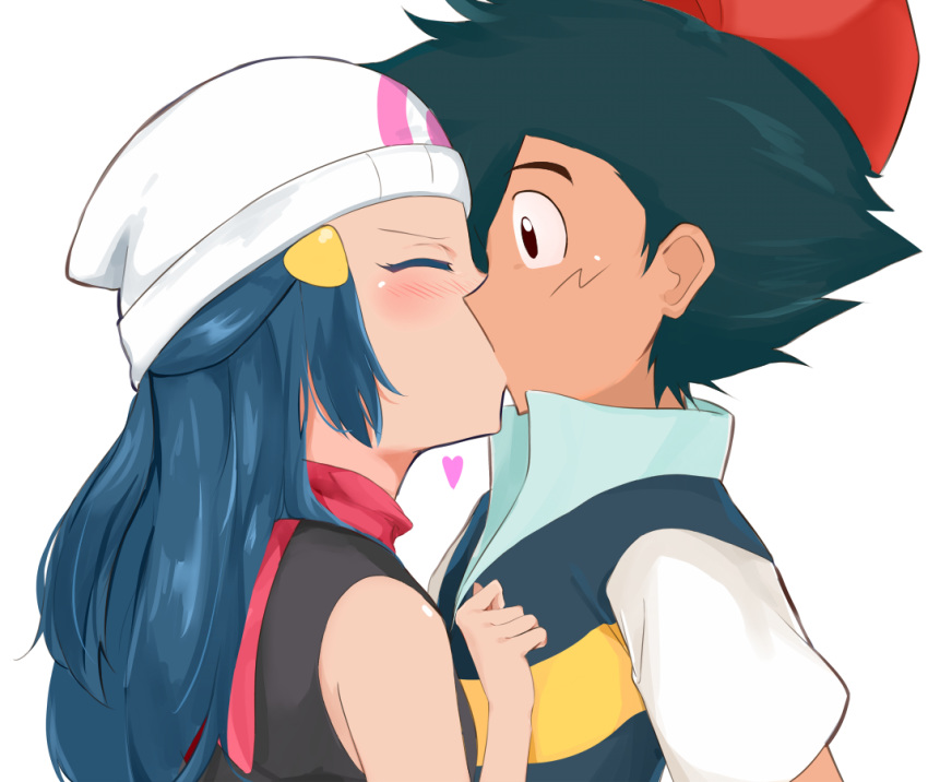 1boy 1girl black_hair black_shirt blue_hair blush brown_eyes closed_eyes from_side hair_ornament hairclip haruzu2000 hat hetero hikari_(pokemon) kiss long_hair pokemon pokemon_(anime) red_scarf satoshi_(pokemon) scarf shiny shiny_hair shirt short_sleeves simple_background sleeveless sleeveless_shirt upper_body white_background white_headwear