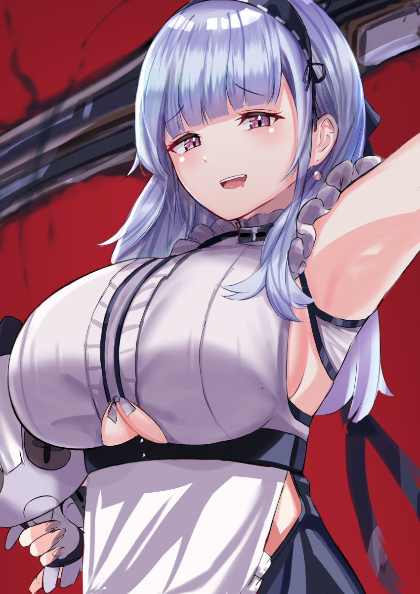 1girl :d absurdres apron arm_up armpits azur_lane bangs black_hairband blunt_bangs breasts center_frills dido_(azur_lane) doll eyebrows_visible_through_hair hairband highres holding holding_doll kanta_(kanta_077) large_breasts long_hair looking_at_viewer open_mouth purple_eyes red_background shirt silver_hair simple_background sleeveless sleeveless_shirt smile solo underboob underboob_cutout underbust upper_body upper_teeth waist_apron white_apron white_shirt