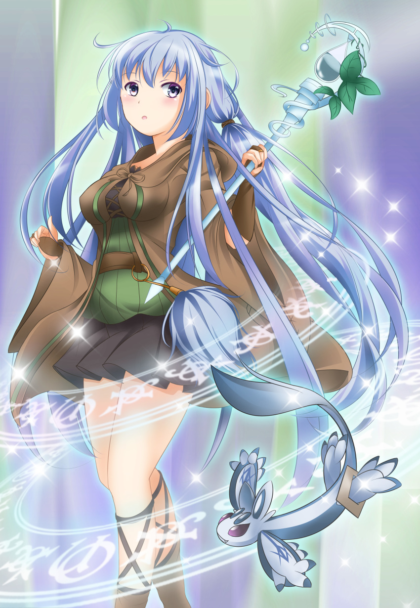 1girl :o absurdres aqua_hair bangs black_skirt blush breasts bridal_gauntlets brown_cloak cloak commentary_request creature duel_monster eria eyebrows_visible_through_hair green_shirt highres holding holding_staff hood hood_down hooded_cloak long_hair looking_at_viewer looking_to_the_side low-tied_long_hair magic_circle medium_breasts multicolored multicolored_background pleated_skirt purple_eyes ribbed_shirt shirt sidelocks skirt solo_focus sparkle staff tomaton very_long_hair yuu-gi-ou