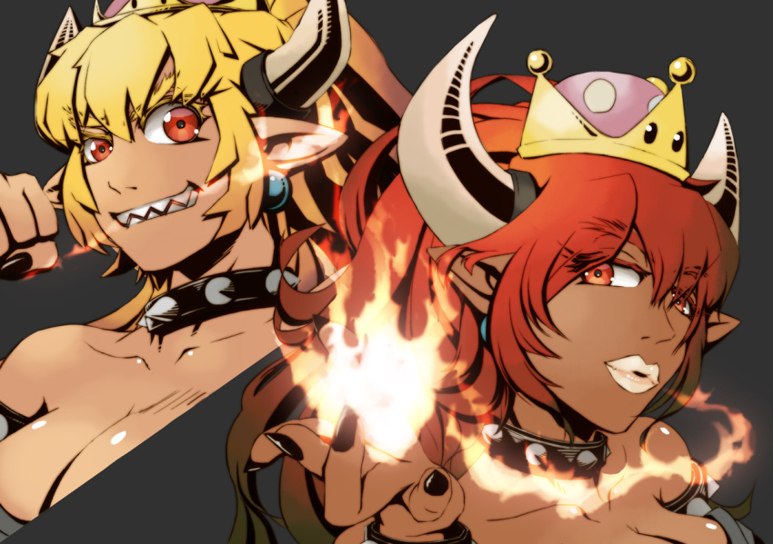 2girls armlet bare_shoulders black_collar black_nails blonde_hair blue_earrings bowsette bracelet breasts breathing_fire cleavage collar collarbone commentary_request crown dark_skin earrings eyebrows_visible_through_hair eyelashes eyes_visible_through_hair fingernails fire grin hair_between_eyes hand_up high_ponytail horns jewelry lips lipstick looking_at_viewer makeup mario_(series) mihira_(tainosugatayaki) multiple_girls nail_polish new_super_mario_bros._u_deluxe parted_lips pointy_ears ponytail red_eyes red_hair sharp_teeth shiny shiny_skin sidelocks smile spiked_armlet spiked_bracelet spiked_collar spikes super_crown teeth