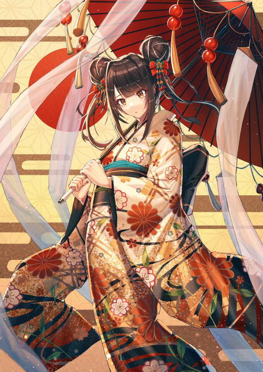 1girl absurdres asa_no_ha_(pattern) bangs bow brown_hair commentary_request double_bun egasumi feet_out_of_frame floral_print furisode hair_bow hair_ornament highlights highres holding holding_umbrella huge_filesize japanese_clothes kanzashi kimono long_hair long_sleeves looking_at_viewer mazeru_(oekaki1210) multicolored_hair new_year obi oriental_umbrella original parted_lips red_bow red_sun sash see-through solo standing streaked_hair streamers tassel twintails umbrella white_hair