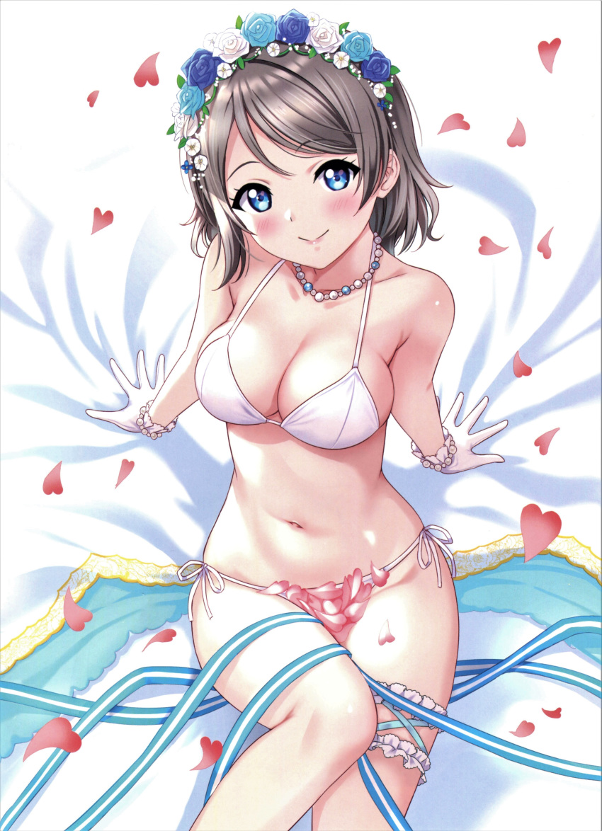 1girl absurdres arm_support bangs bare_shoulders bead_bracelet bead_necklace beads bed_sheet bikini blue_eyes blue_flower blue_rose blush bracelet breasts brown_hair cleavage closed_mouth collarbone eyebrows_visible_through_hair flower gloves hair_flower hair_ornament heart highres jewelry knee_up large_breasts leaning_back looking_at_viewer looking_up love_live! love_live!_sunshine!! navel necklace petals ribbon rose rozen5 scan short_hair side-tie_bikini sitting smile solo stomach swept_bangs swimsuit watanabe_you white_bikini white_gloves white_ribbon