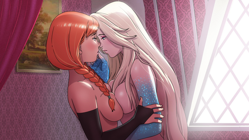 2girls anna_(frozen) bare_shoulders blonde_hair braid breast_press breasts bridal_gauntlets elsa_(frozen) frozen_(disney) highres lips looking_at_another multiple_girls paid_reward painting patreon_reward red_hair siblings sisters symmetrical_docking tekuho_no_habo wall window yuri