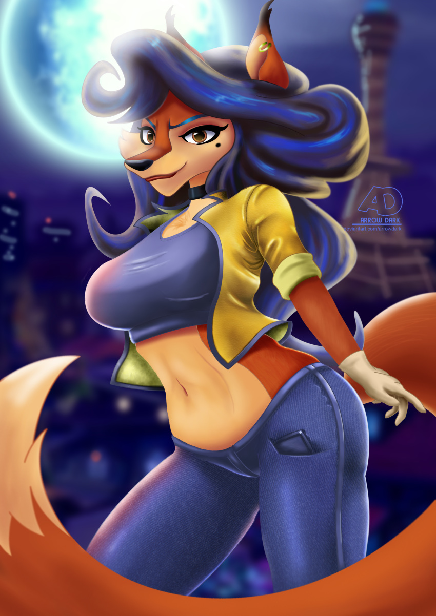 absurd_res arrowdark beauty_mark big_breasts blue_hair breasts brown_eyes canid canine carmelita_fox clothed clothing female fox hair hi_res invalid_tag long_hair looking_at_viewer mammal midriff moon night paris sly_cooper sly_cooper_(series) solo sony_corporation sony_interactive_entertainment sucker_punch_productions tight_clothing video_games