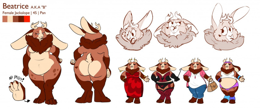 beatrice_(jackalope) bedroom_eyes bracelet bsdm_suit clothing digitigrade earpiece female handbag horn jackalope jewelry lagomorph mammal model_sheet narrowed_eyes nude overweight seductive simple_background stupidshepherd sweatshirt white_background