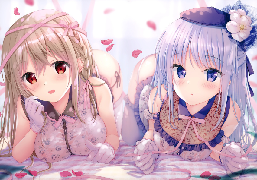 2girls blush braids breasts brown_hair gloves long_hair original panties petals purple_eyes purple_hair red_eyes ribbons see_through sousouman underwear