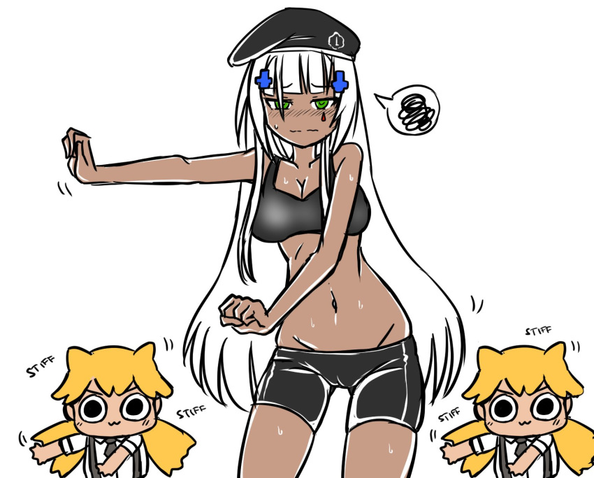 3girls :3 bangs beret bike_shorts blunt_bangs blush breasts cameltoe character_request chibi cleavage clenched_hands commentary cross_hair_ornament dancing embarrassed english_commentary flossing_(dance) fortnite girls_frontline groin hair_ornament hat highres hk416_(girls_frontline) invader long_hair low_twintails lowleg lowleg_shorts medium_breasts multiple_girls navel nose_blush shorts solo_focus spoken_squiggle sports_bra squiggle sweat teardrop twintails very_long_hair white_background white_hair