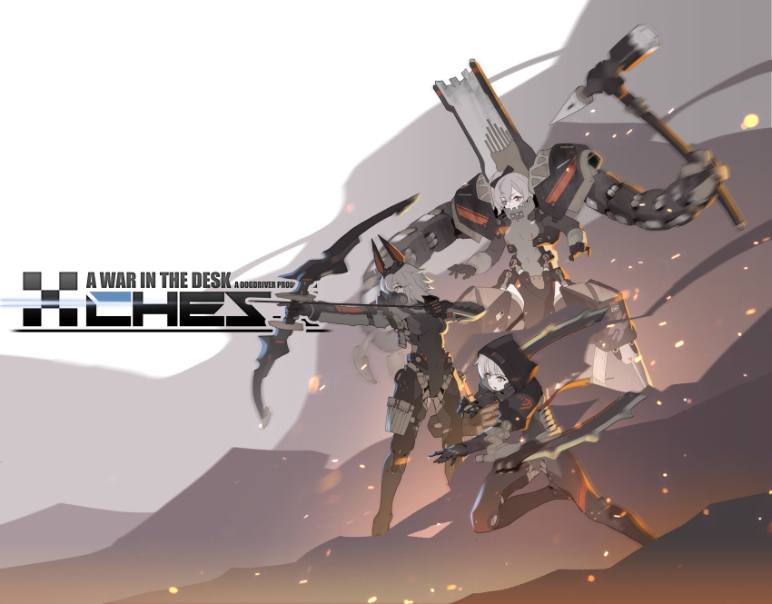 3girls absurdres arm_blade arrow battle board_game bow_(weapon) chess chess_piece drawing_bow embers gas_mask headgear highres holding holding_arrow holding_bow_(weapon) holding_weapon hood hood_up hooded_jacket jacket lanyaojun mecha_musume medium_hair multiple_girls orange_eyes original pawn_(chess) personification platinum_blonde_hair power_armor red_eyes robot_joints rook_(chess) side_ponytail smoke thigh_pouch war_hammer weapon