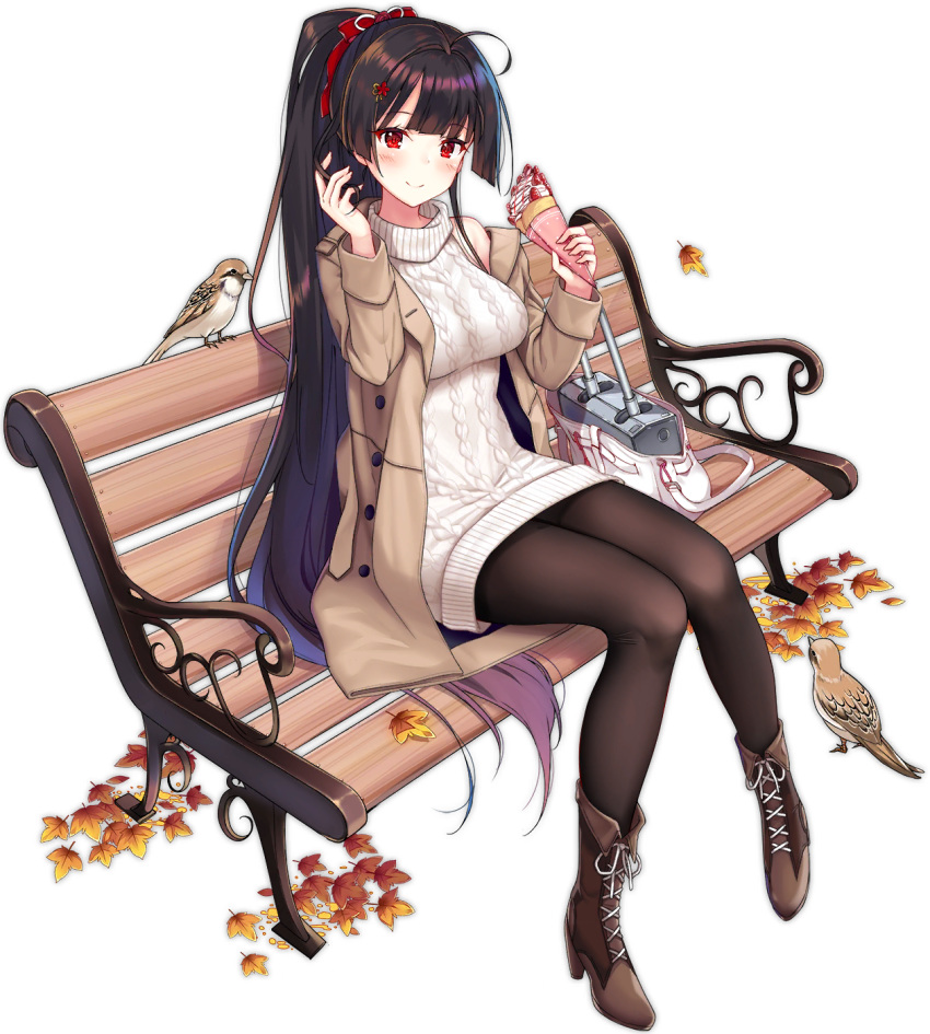 1girl agano_(azur_lane) agano_(dating_game?)_(azur_lane) aran_sweater autumn_leaves azur_lane bag bare_shoulders bench bird blush boots bow breasts brown_coat brown_hair brown_legwear coat crepe dress food hair_bow hecha_(swy1996228) high_heel_boots high_heels highres jacket large_breasts leaf long_hair long_sleeves looking_at_viewer maple_leaf off_shoulder official_art open_clothes open_coat pantyhose park_bench red_eyes sitting sleeveless smile solo sweater sweater_dress thighhighs transparent_background turret turtleneck turtleneck_sweater very_long_hair