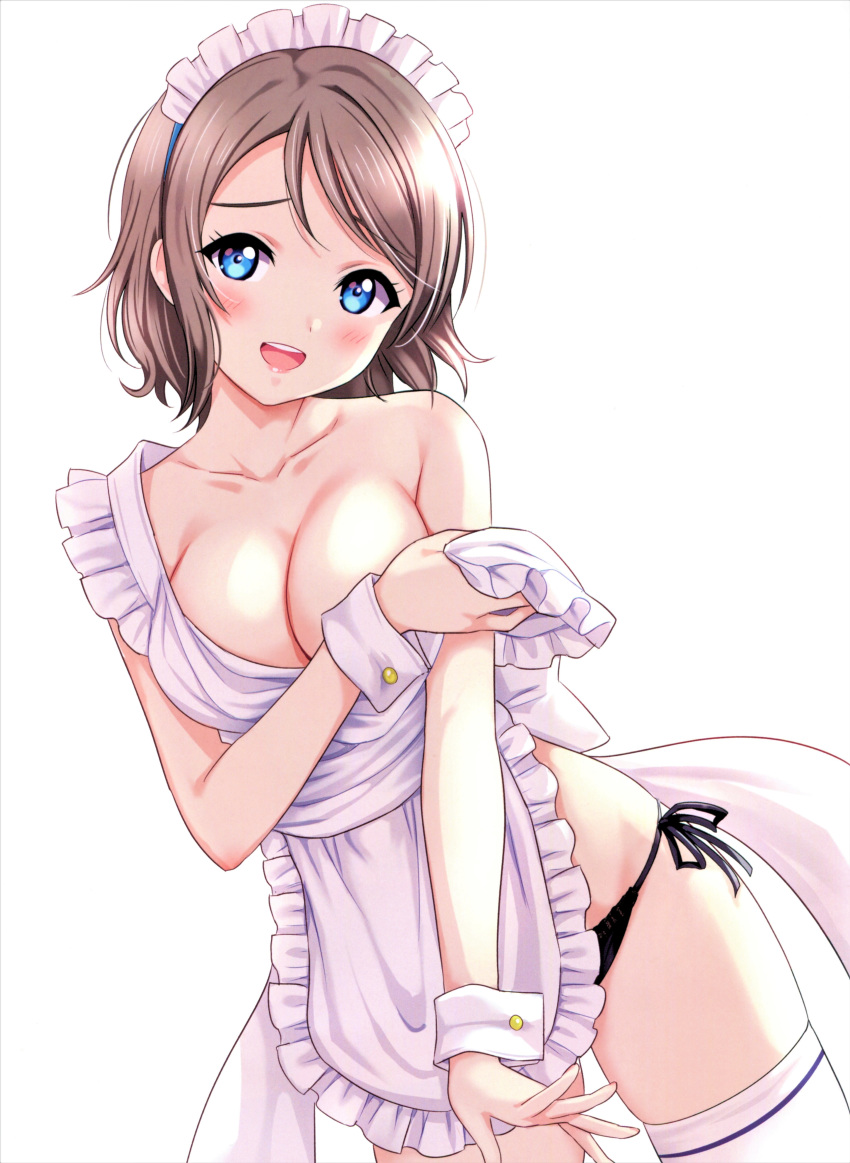 1girl absurdres apron bangs bare_shoulders black_panties blue_eyes blush breasts brown_hair cleavage collarbone eyebrows_visible_through_hair frills hair_ornament head_tilt highres lips looking_at_viewer love_live! love_live!_sunshine!! maid maid_headdress medium_breasts open_mouth panties rozen5 scan shiny shiny_hair shiny_skin short_hair side-tie_panties simple_background solo thighhighs underwear watanabe_you white_background white_legwear wrist_cuffs