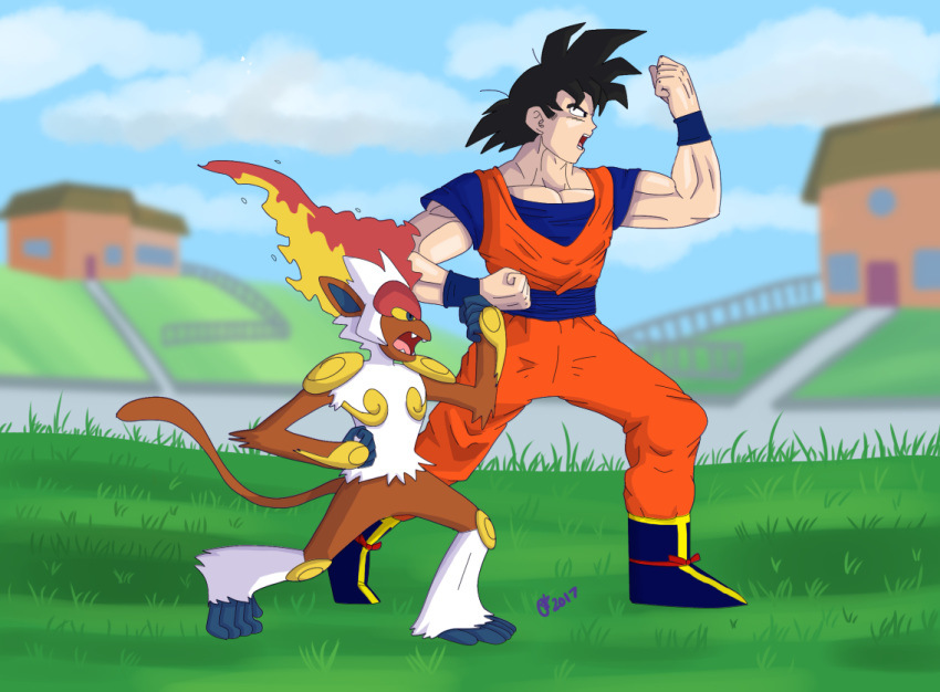 clothing digimaru dragon_ball duo goku infernape male muscular muscular_male nintendo pok&eacute;mon pok&eacute;mon_(species) saiyan video_games