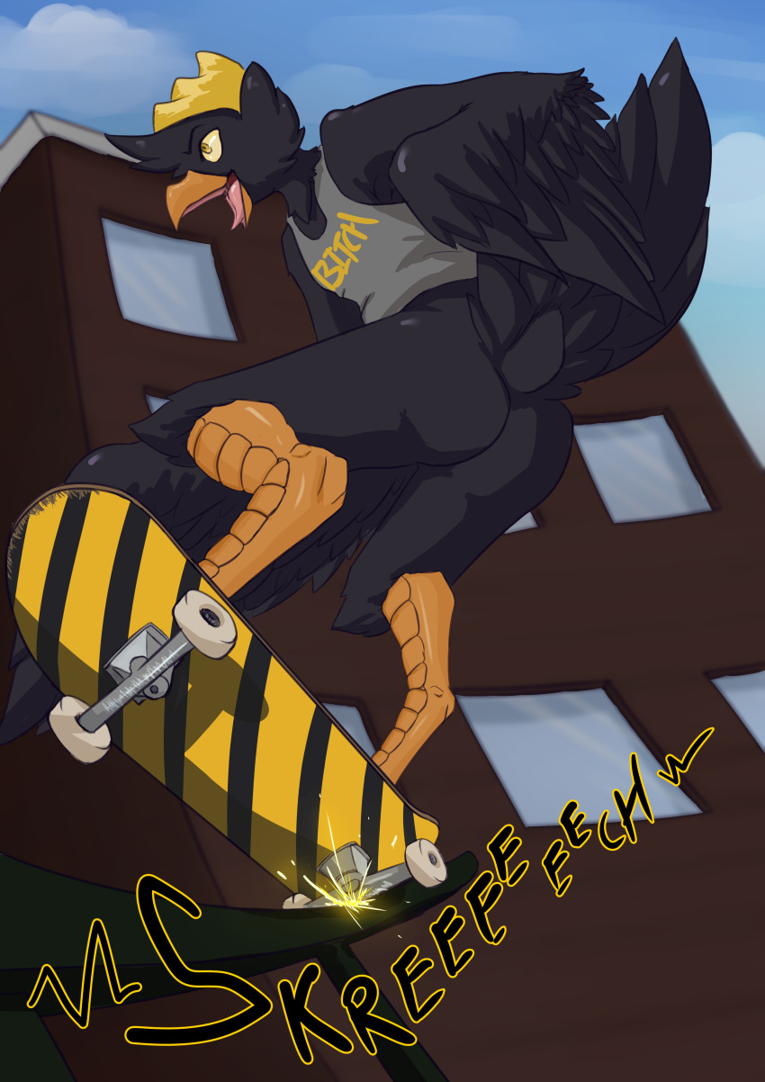 absurd_res avian beak beanie bird butt butt_pose clothing corvid father_hill feathers hat headgear headwear hi_res invalid_tag low-angle_view male pose skateboard solo tongue yellow_sclera