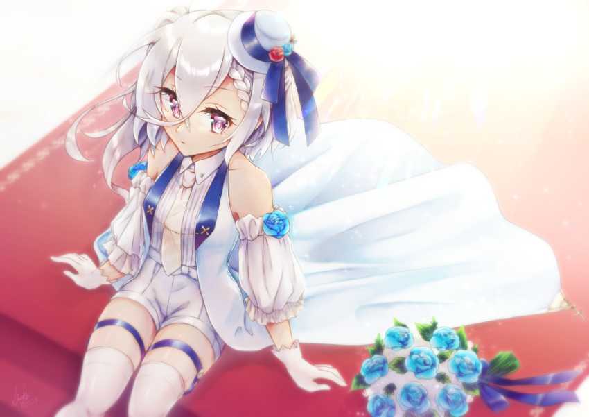 1girl arm_support armpit_peek asymmetrical_hair azur_lane bangs bare_shoulders blue_flower blue_ribbon blue_rose bouquet braid breasts collared_shirt commentary_request cross crossed_bangs detached_sleeves dress eyebrows_visible_through_hair flower french_braid frilled_sleeves frills gloves hat hat_flower hat_ribbon highres leg_garter light_rays looking_to_the_side maple_may-gumi medium_hair mini_hat necktie open_clothes open_vest purple_eyes red_carpet ribbon rose shirt short_shorts shorts sidelocks signature sitting sleeveless sleeveless_shirt small_breasts sparkle striped striped_shirt thighhighs tilted_headwear vertical-striped_shirt vertical_stripes vest waistcoat wedding_dress white_gloves white_hair white_headwear white_legwear white_neckwear white_shorts white_sleeves white_vest z1_leberecht_maass_(azur_lane)