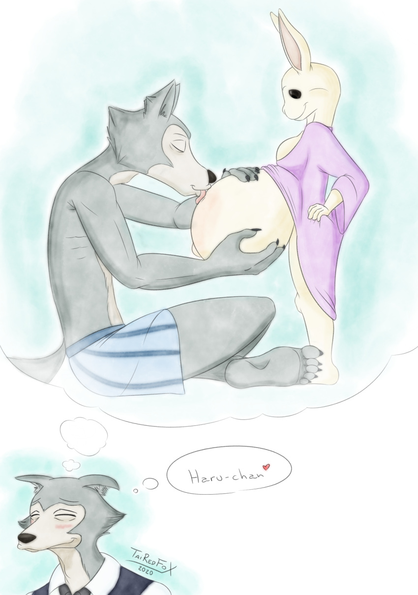 &lt;3 2020 anthro beastars belly big_belly blush bottomless bottomwear canid canine canis clothed clothing daydream duo female fur grey_body grey_fur haru_(beastars) hi_res lagomorph legoshi_(beastars) leporid licking male mammal navel nightgown outie_navel pregnant rabbit shorts sitting tairedfox thought_bubble tongue tongue_out topless white_body white_fur wolf