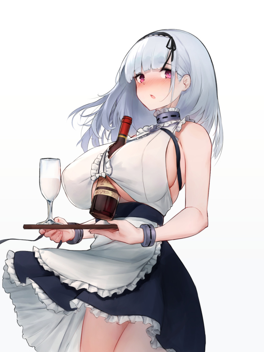 1girl apron azur_lane bangs between_breasts black_hairband blush bottle breasts covered_nipples cuffs cup dido_(azur_lane) drinking_glass hairband highres holding large_breasts long_hair looking_at_viewer nipples open_mouth purple_eyes see-through_silhouette silver_hair simple_background skirt sleeveless solo tray underboob_cutout waist_apron white_apron white_background wine_bottle wine_glass yashemao_qishi