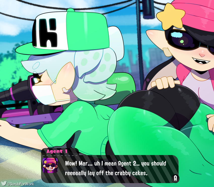 absurd_res animal_humanoid baseball_cap beanie big_butt butt butt_grab callie_(splatoon) cephalopod cephalopod_humanoid clothing dialogue duo eyewear female gun hand_on_butt hat headgear headwear hi_res humanoid inkling laying_on_belly looking_back lying marie_(splatoon) marine marine_humanoid mask mollusk mollusk_humanoid nintendo ranged_weapon rifle sniper_rifle somescrub splatoon splatterscope sunglasses tight_clothing video_games weapon