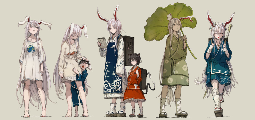 3girls absurdres alternate_costume animal_ears apron backpack bag bare_legs barefoot black_hair bunny_ears carrot_necklace carrot_print cat_ears cat_tail chen child earrings food_print grey_background hair_between_eyes hand_on_another's_head highres inaba_tewi jewelry leaf long_hair long_sleeves multiple_girls multiple_tails multiple_views open_mouth purple_hair red_eyes red_skirt reisen_udongein_inaba robe running sandals shirt short_hair simple_background skirt standing sweater tabi tail touhou two_tails white_legwear white_shirt yushika