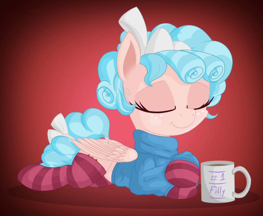 clothed clothed_feral clothing cozy_glow_(mlp) cup digital_media_(artwork) equid equine eyelashes eyes_closed feathered_wings feathers female feral friendship_is_magic hi_res legwear mammal my_little_pony pattern_clothing pattern_legwear pterippus solo striped_clothing striped_legwear stripes vito wings