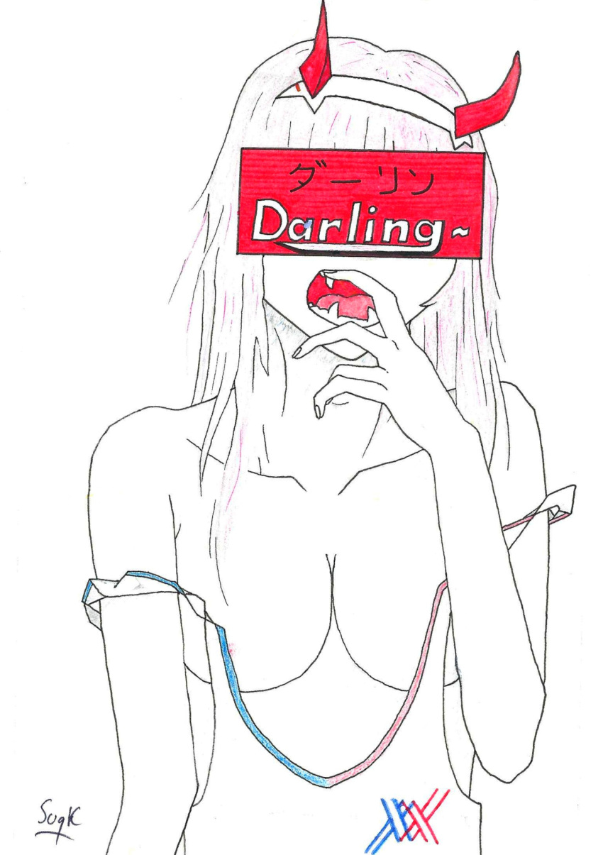 breasts covered_eyes darling_in_the_franxx demon female finger_in_mouth hair hi_res horn human humanoid japanese_text mammal mostly_nude not_furry open_mouth pink_hair red_horn solo studio_trigger supreme suqk text tongue traditional_media_(artwork) white_body white_skin zero_two_(ditf)