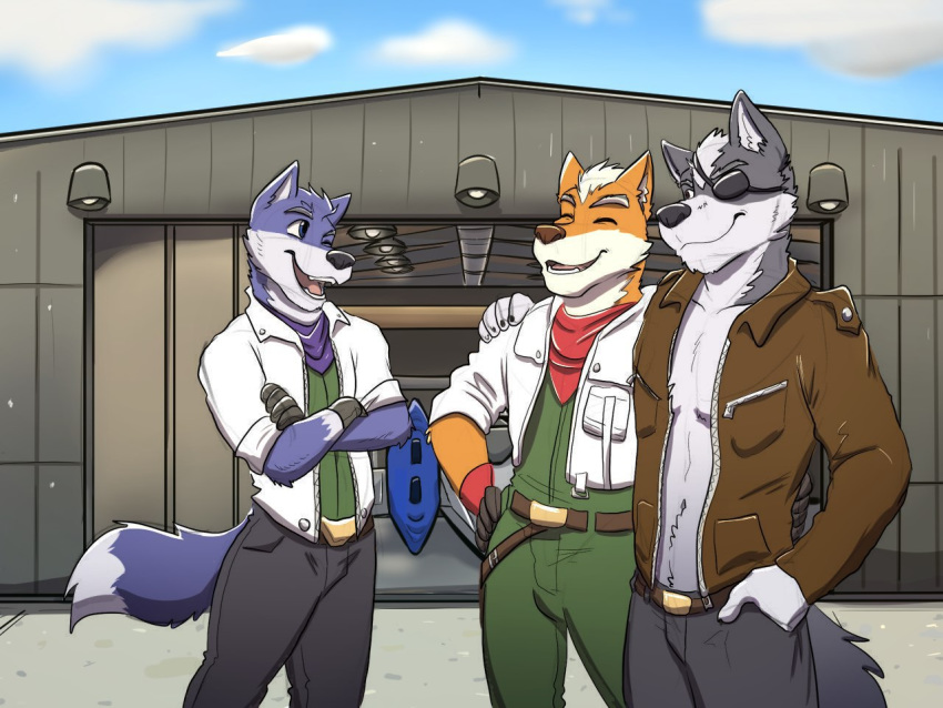 4:3 anthro bandanna canid canine canis clothed clothing eye_patch eyewear fox fox_mccloud group hangar jackaloo jacket jimmy_o'donnell leather leather_jacket male mammal nintendo smile star_fox starrffax story story_in_description topwear video_games wolf wolf_o'donnell