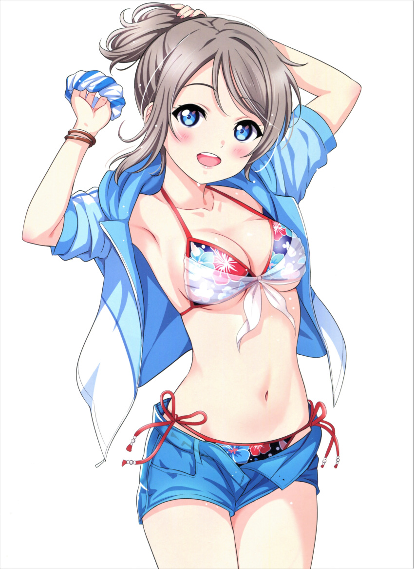 1girl absurdres armpits arms_up bangs bikini bikini_under_clothes blue_eyes blush bracelet breasts brown_hair cleavage collarbone floral_print highres holding jacket jewelry lips looking_at_viewer love_live! love_live!_sunshine!! medium_breasts navel open_clothes rozen5 scan scrunchie short_hair short_sleeves shorts side-tie_bikini smile solo stomach swimsuit watanabe_you