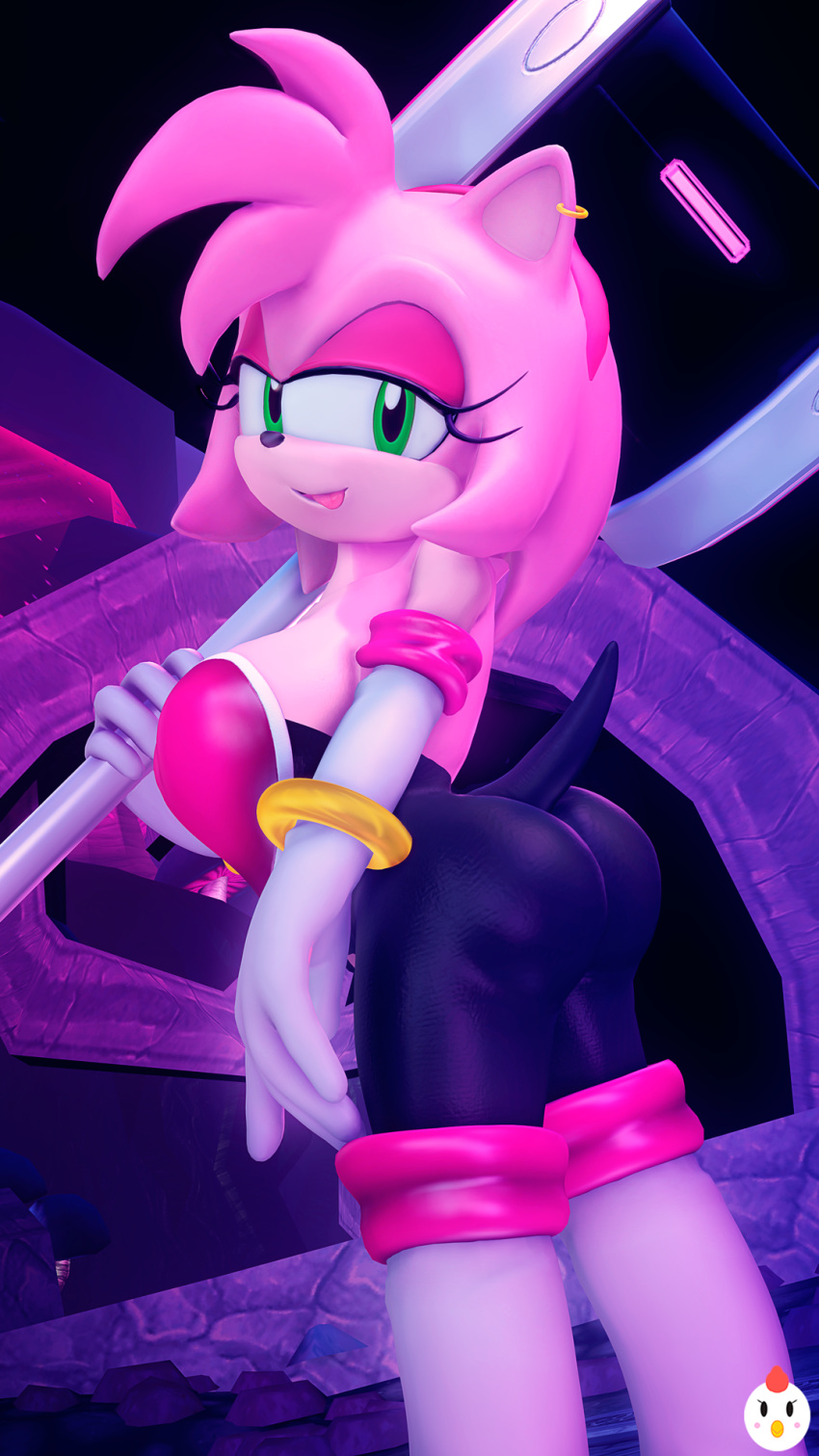 3d_(artwork) accessory alternate_costume amy_rose anthro armwear butt clothed clothing clothing_swap digital_media_(artwork) ear_piercing ear_ring eulipotyphlan female gloves green_eyes hammer handwear hedgehog hentype hi_res legwear looking_at_viewer mammal piercing smile solo sonic_the_hedgehog_(series) source_filmmaker tongue tongue_out tools video_games