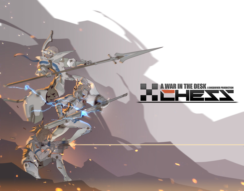 3girls absurdres battle blonde_hair board_game breasts centaur chess chess_piece commentary_request electricity embers firing gloves green_eyes hat headgear highres kneeling knight_(chess) lanyaojun light_trail mecha_musume medium_breasts motion_blur multiple_girls original pawn_(chess) personification polearm robot_joints sheath shell_casing short_ponytail smoke spear sword unsheathing weapon yellow_eyes