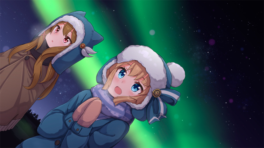 2girls :d ame. animal_ears animal_hat aurora azur_lane bangs beanie blonde_hair blue_eyes blue_headwear blue_jacket blush breath brown_hair brown_mittens commentary_request dutch_angle eyebrows_visible_through_hair fake_animal_ears fringe_trim hands_together hands_up hardy_(azur_lane) hat hunter_(azur_lane) jacket long_hair long_sleeves mittens multiple_girls night night_sky open_mouth outdoors own_hands_together parted_lips red_eyes sky smile star_(sky) starry_sky upper_body