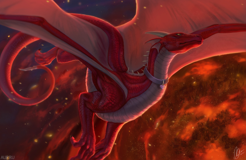 2020 ambiguous_gender aurru claws collar detailed_background digital_media_(artwork) dragon feral horn implied_fire membrane_(anatomy) membranous_wings night outside red_body red_scales scales scalie solo spines western_dragon wings