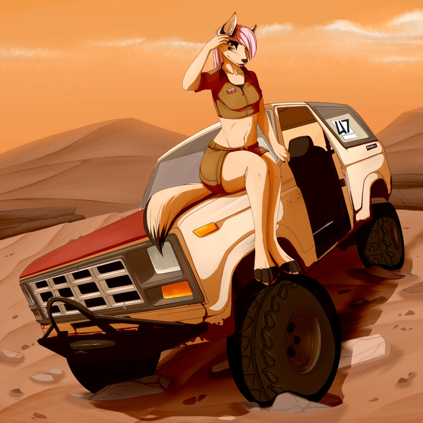 1:1 absurd_res anthro biped canid canine car clothing desert digital_media_(artwork) female ford ford_bronco fox hair hi_res impreza mammal mountain on_car outside pink_hair rock sand sitting sky solo sunset tridognait vehicle