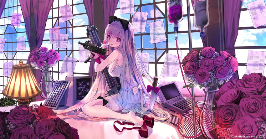 1girl :d bangs bare_shoulders black_bow blush bow breasts candy commentary_request curtains day dress eyebrows_visible_through_hair fishnet_legwear fishnets flower food gatling_gun gun hair_bow heart heart-shaped_pupils highres holding holding_food holding_gun holding_lollipop holding_weapon indoors intravenous_drip john_hathway keyboard_(computer) knife lamp large_breasts lollipop long_hair looking_at_viewer looking_to_the_side mac-10 minigun monitor no_shoes open_mouth original planted_knife planted_weapon red_bow red_eyes red_flower red_footwear red_rose rose shoes_removed silver_hair sitting sleeveless sleeveless_dress smile solo submachine_gun symbol-shaped_pupils thighhighs transparent vase very_long_hair wariza weapon white_bow white_dress window