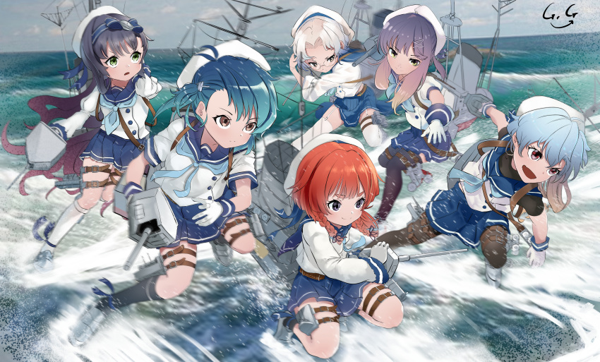 6+girls absurdres black_legwear blue_hair blue_neckwear blue_sailor_collar blue_skirt braid brown_eyes etorofu_(kantai_collection) fang fukae_(kantai_collection) garter_straps gegeron glasses gloves green_eyes hat highres hirato_(kantai_collection) huge_filesize juliet_sleeves kantai_collection kneehighs long_hair long_sleeves machinery matsuwa_(kantai_collection) multiple_girls neckerchief ocean open_mouth pantyhose pleated_skirt puffy_short_sleeves puffy_sleeves purple_eyes purple_hair red_eyes red_hair running running_on_liquid sado_(kantai_collection) sailor_collar sailor_hat school_uniform serafuku short_hair short_sleeves signature silver_hair skirt smile thighhighs tsushima_(kantai_collection) turret twin_braids white_gloves white_headwear white_legwear yellow_eyes