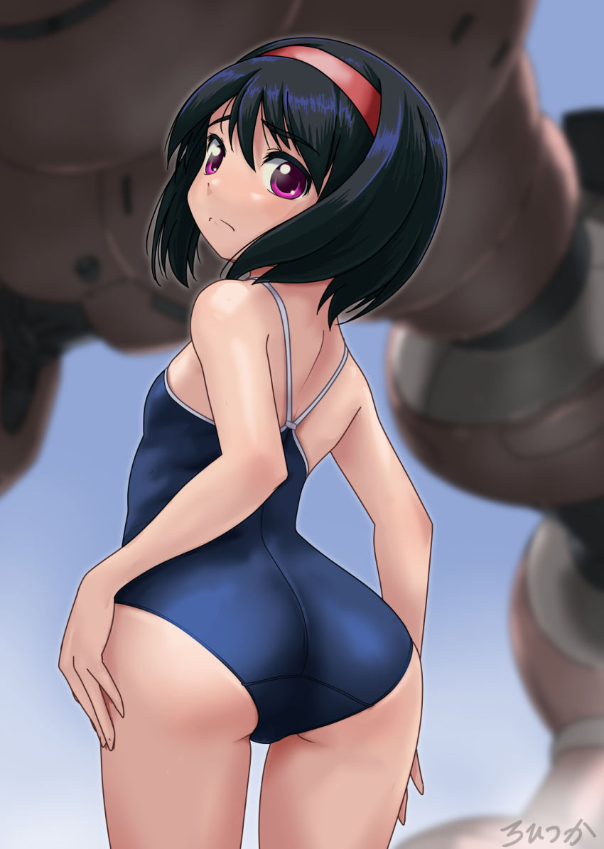 1girl ass black_hair blue_swimsuit commentary_request competition_school_swimsuit cowboy_shot from_behind hairband highres looking_at_viewer looking_back mecha original purple_eyes red_hairband robot rohitsuka school_swimsuit short_hair solo swimsuit twisted_torso