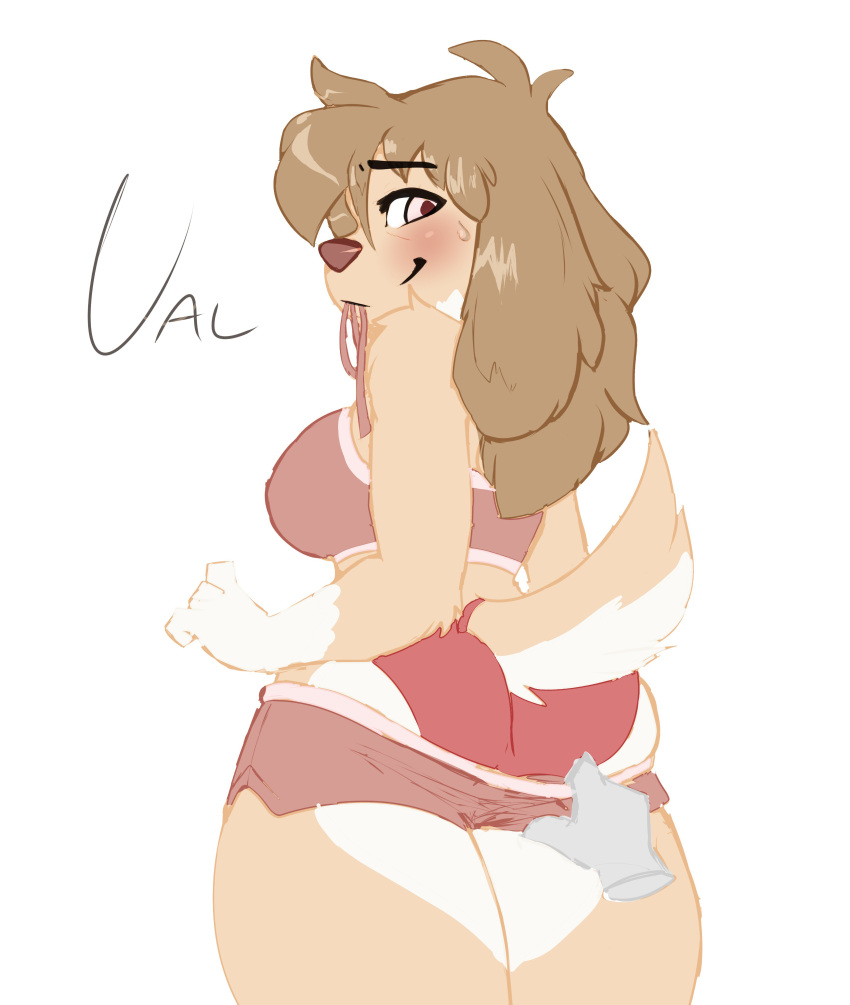 2019 absurd_res anthro assisted_exposure bangs big_breasts blush bottomwear bra breasts brown_body brown_fur brown_hair butt canid canine canis clothing curvy_figure domestic_dog eyebrows faizenek female floppy_ears fur furgonomics gloves_(marking) hair hi_res hourglass_figure long_hair looking_at_viewer looking_back looking_down low-angle_view mammal markings panties pink_eyes pink_nose raised_inner_eyebrows rear_view shorts shorts_pull simple_background small_waist smile solo tail_clothing tan_body tan_fur thick_thighs underwear white_background white_body white_fur wide_hips